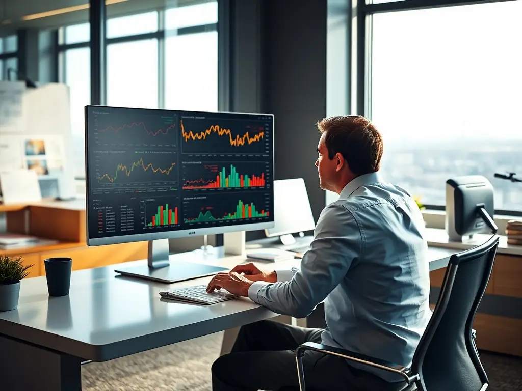 A professional investor analyzing market data on a computer screen, with charts and graphs indicating potential investment opportunities and trends.