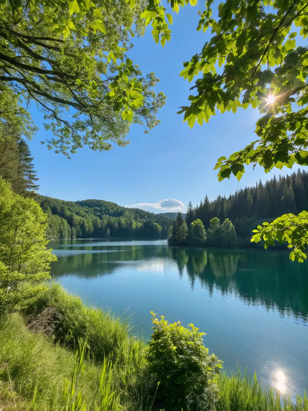 A serene image of a calm lake reflecting a clear sky, symbolizing safe and steady investment growth.