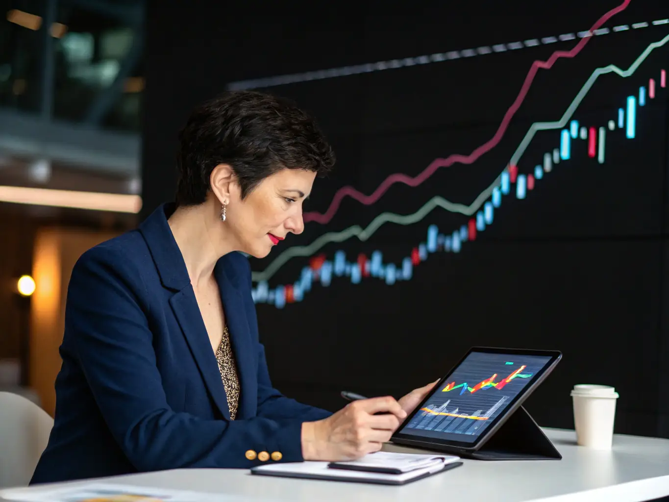 An image showing a financial advisor discussing investment options with a client, with charts and graphs on a digital tablet, representing Greenline Investors' tailored investment plans.
