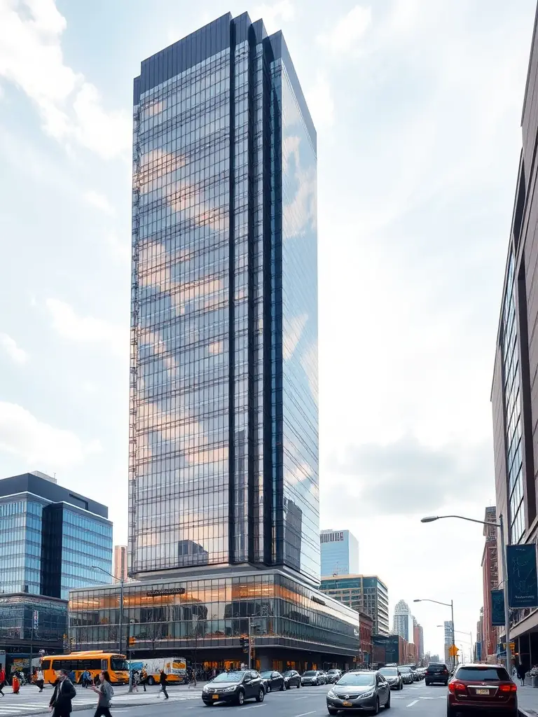 An image of a modern, high-rise building in a bustling city, representing high-value real estate investments.